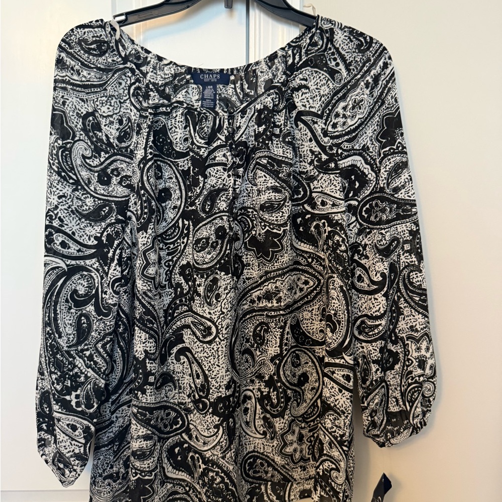Chaps Black & White Paisley Peasant Top